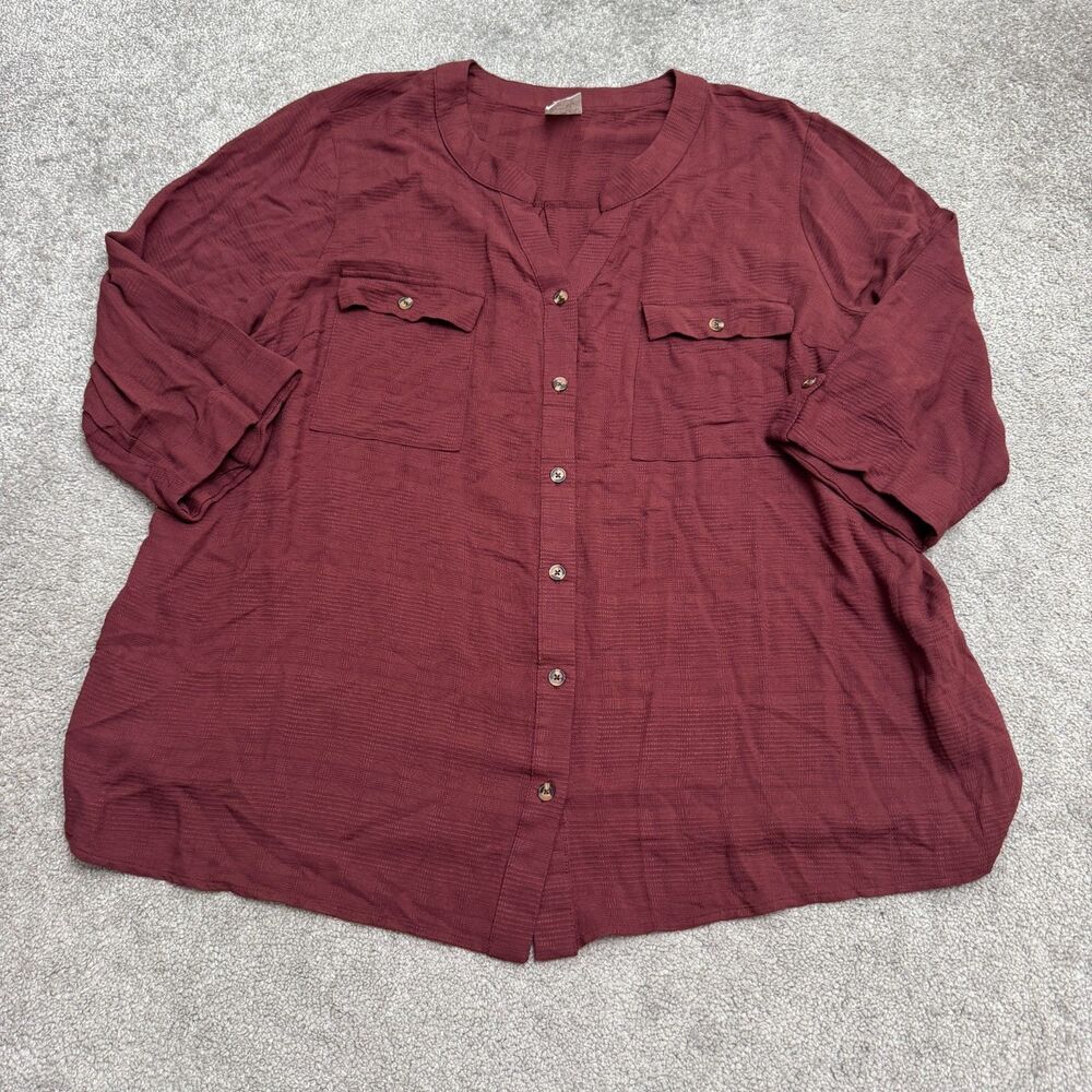 Naif Textured Rayon Button Down Tunic Blouse Womens 3X Red Roll Tab Sleeve NWT